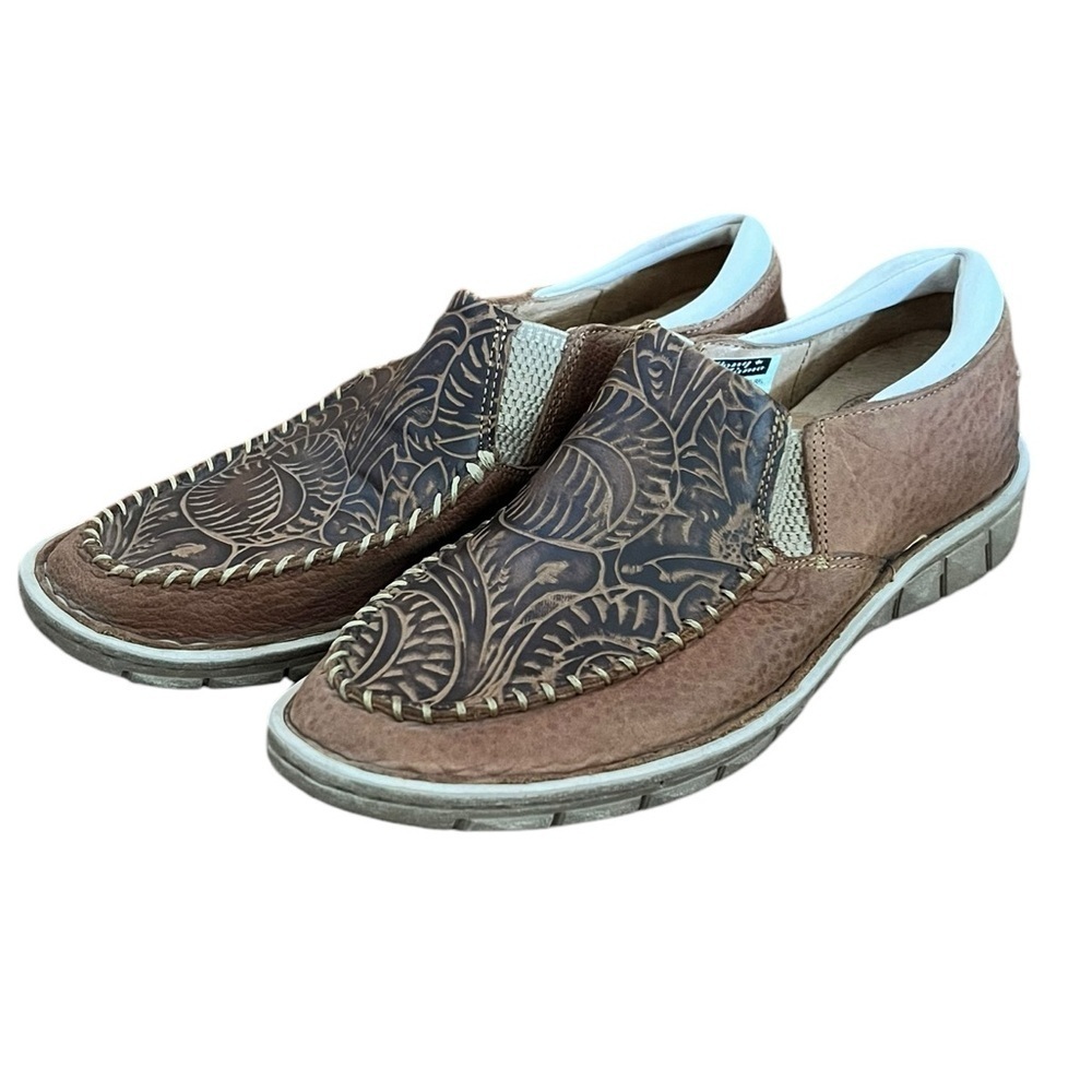 Tony Lama 6.5 Brown Leather Tooled Western Slip On Casual Shoe Moccasin